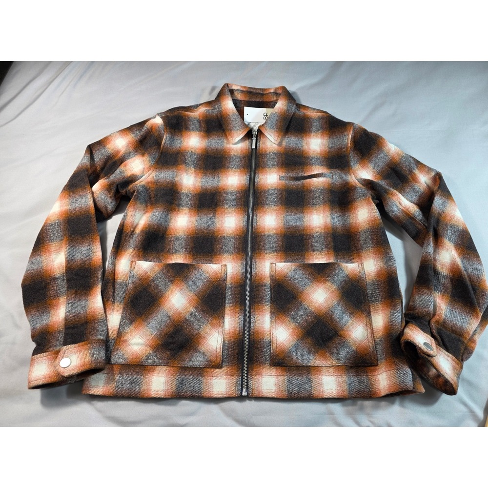 BP Flannel Plaid Zip Up Work Jacket Mens Large Brown Orange Wool Blend NEW